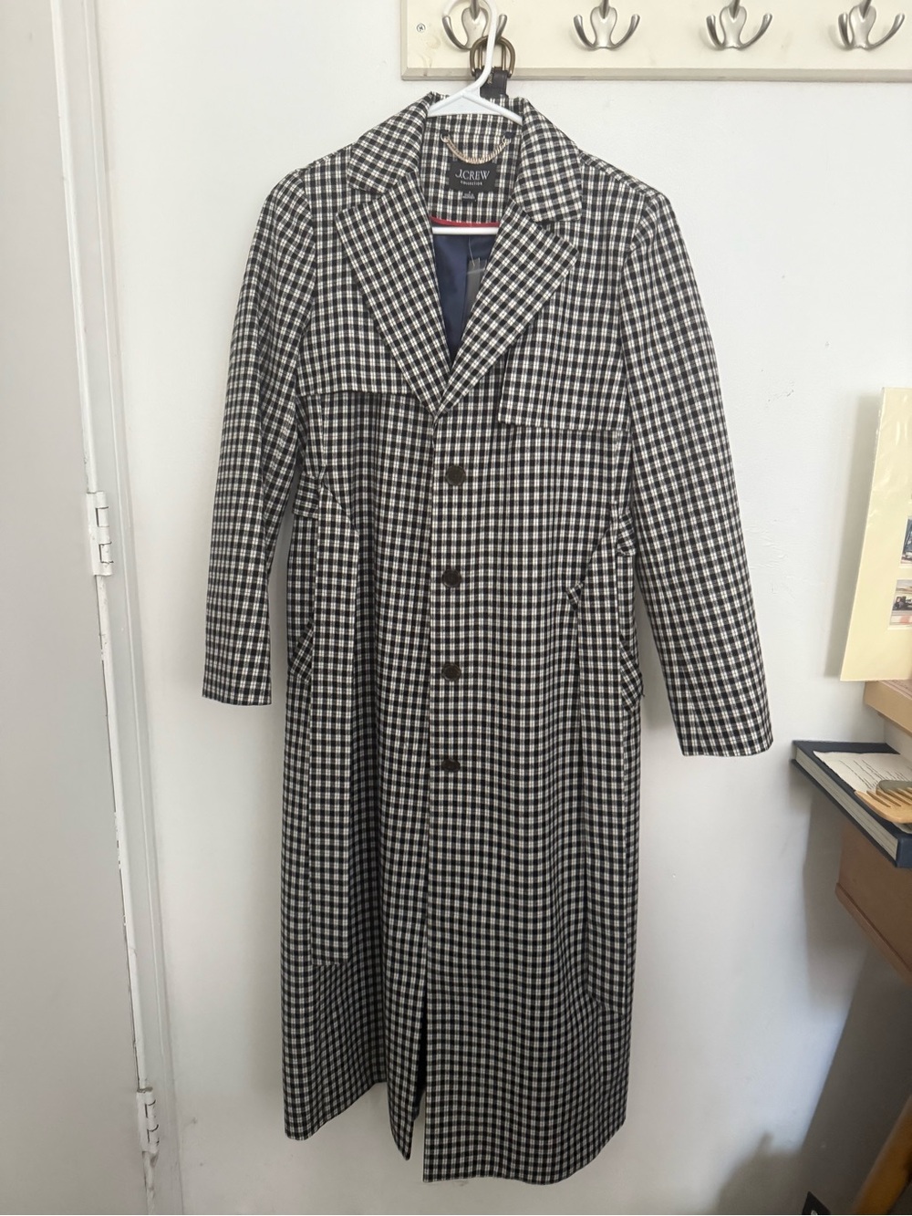 J. Crew Black and White Gingham Trench Coat